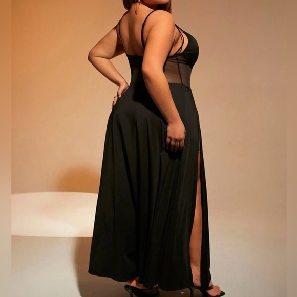 Plus Size Sheer Mesh Lace High Slit Maxi Dress Black - Picture 3 of 5